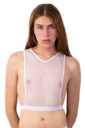 White plural pl007 crop top mesh fabric with v-neckline and elastic waistband for a stylish casual look