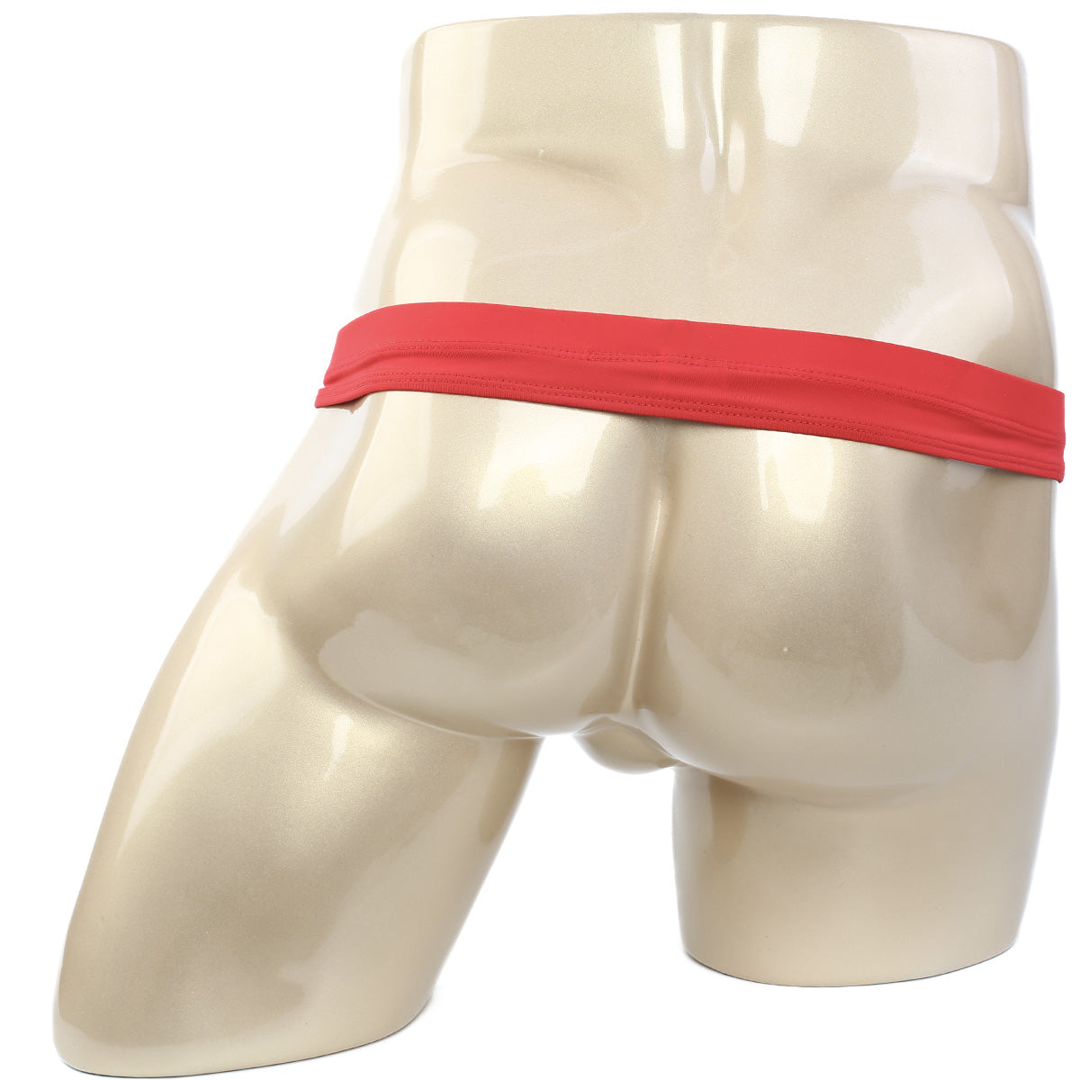 Red elastic waistband briefs by metromalewear featuring a suspensory design in red displayed on a mannequin