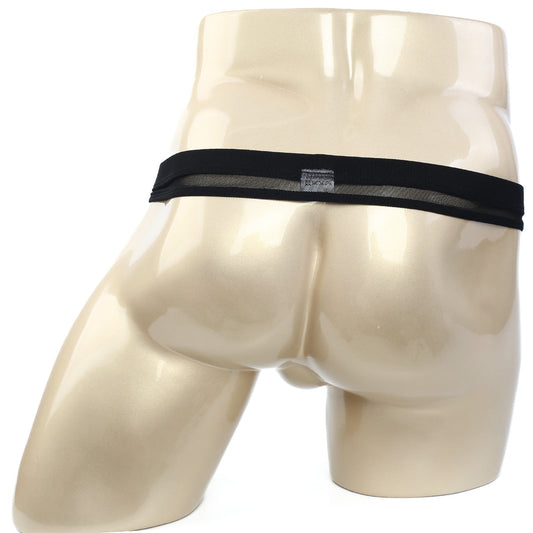 MetroMaleWear suspensory black mesh briefs with solid black elastic waistband in a sleek modern design