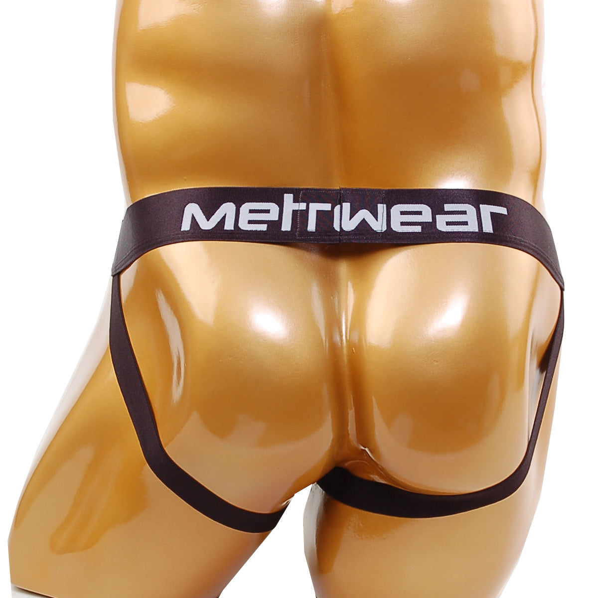 Black metriwear cock bra jock strap briefs on a glossy gold mannequin torso showing front view