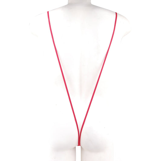 A sleek vibrant red MetroMaleWear Miami bodysuit 0008-12 with a minimalist white rectangular tag on a lanyard