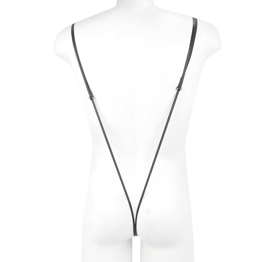 Black leather strap with adjustable metal clasps and white cylindrical attachment on metro malewear miami bodysuit black