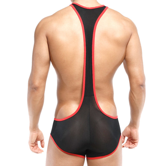 Black mesh wrestling singlet with red trim from metromalewear acme singlet red 0010-12