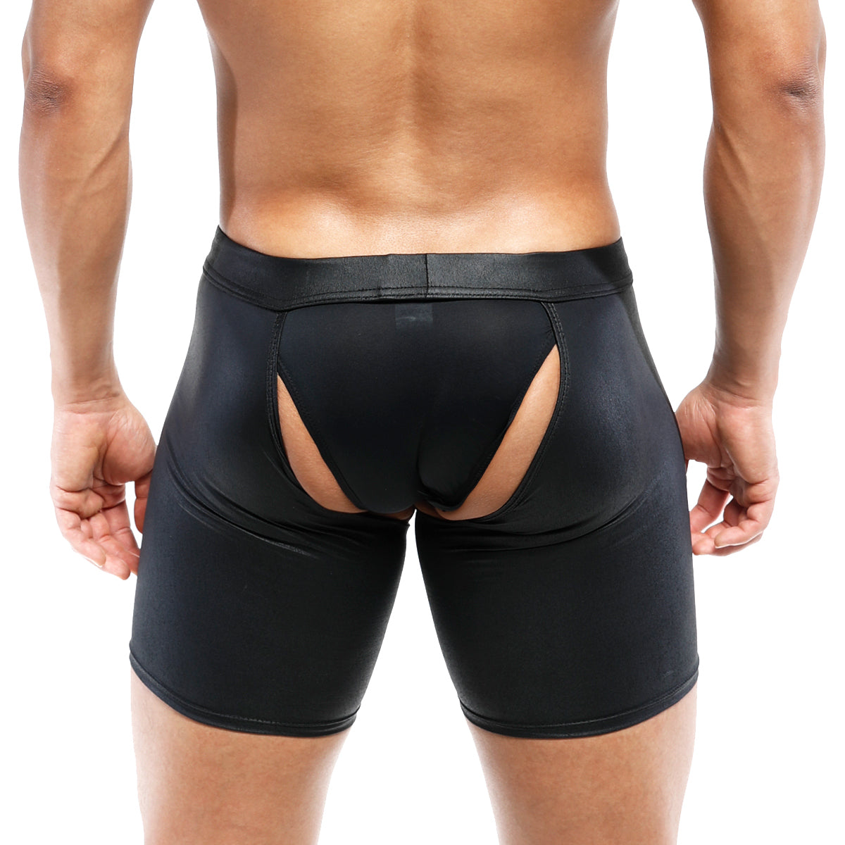 Black glossy leather briefs with cutout design at the back from MetroMaleWear leather chaps 0011 collection