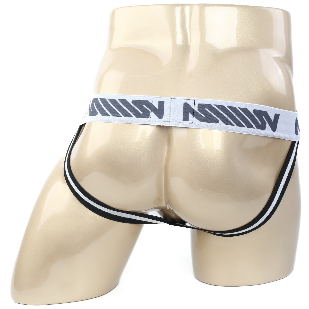 Black and white striped athletic briefs with a gray metro male wear logo waistband for support and comfort