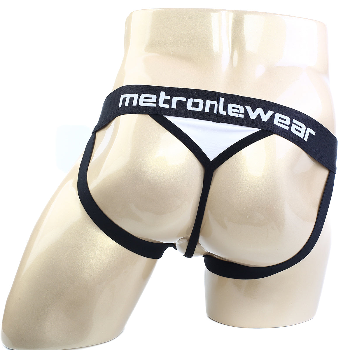 Black and white metromalewear ball holder jock strap with wide waistband featuring bold white brand lettering
