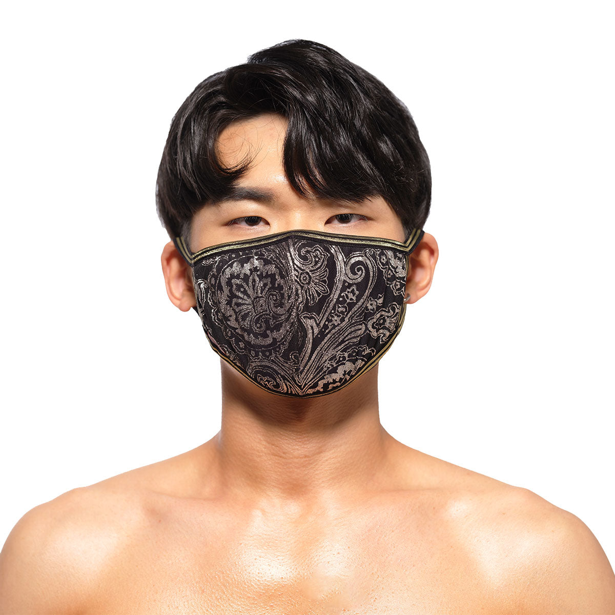 MetroMaleWear face mask lujos 0111-64 black fabric with intricate silver paisley embroidery and gold-trimmed edges