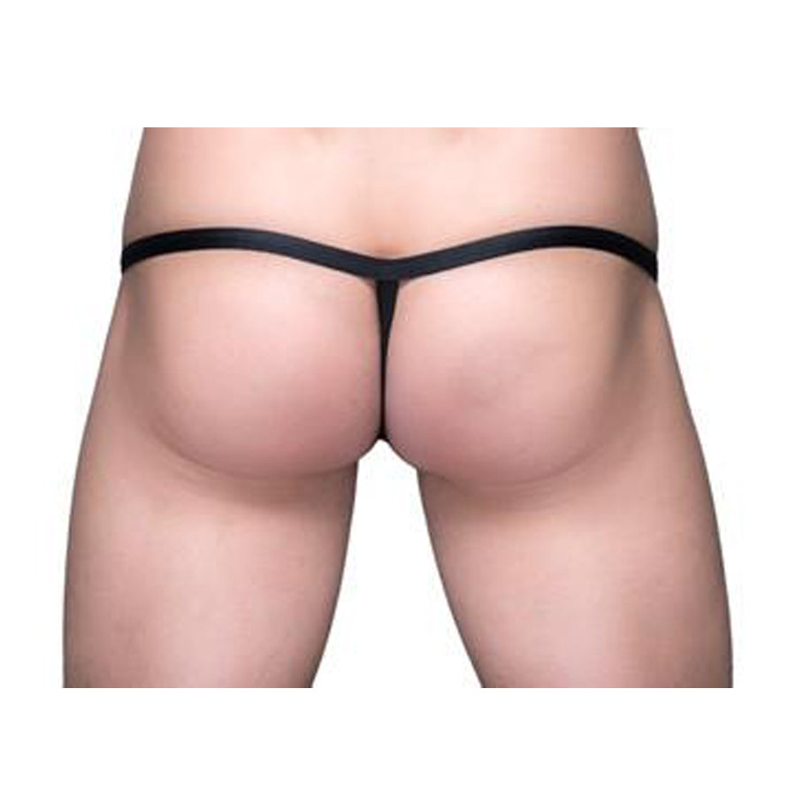 Black tartarus ring thong made of smooth stretchy fabric with thin waistband and minimal coverage shown from back