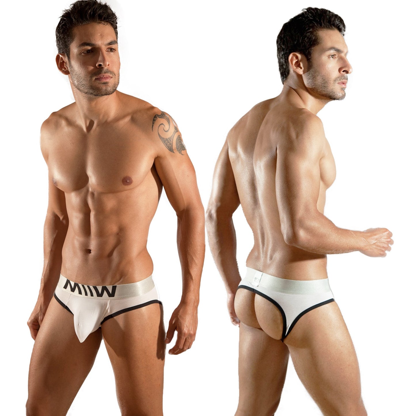 White miw brand briefs with black trim and bold logo waistband from metromalewear perfect scene jock strap collection