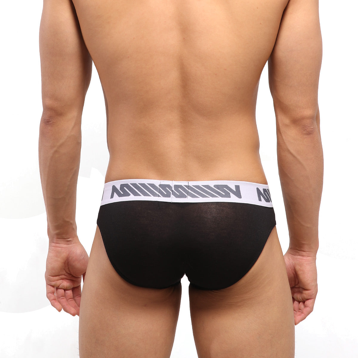 Black mesh MetroMaleWear perfect scene hip brief with white waistband and gray geometric logo core black 1003-19