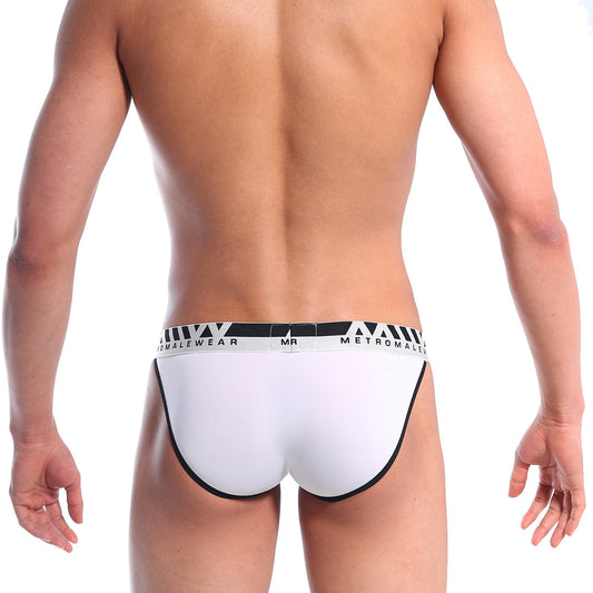 White metroMaleWear perfect scene bikini briefs with black trim and branded waistband for comfortable wear