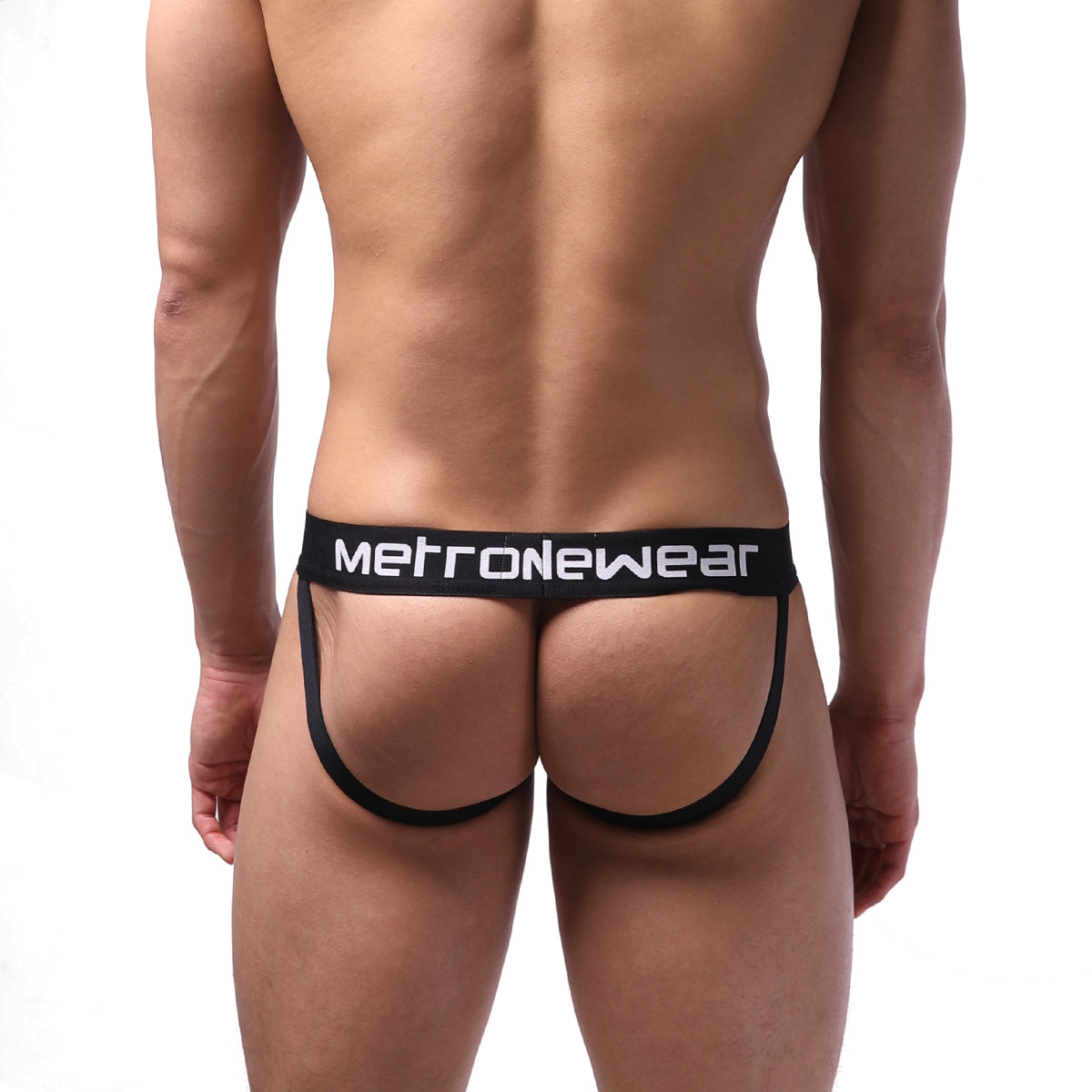 Black metronewear sport jock strap briefs with wide waistband and supportive leg straps for active wear