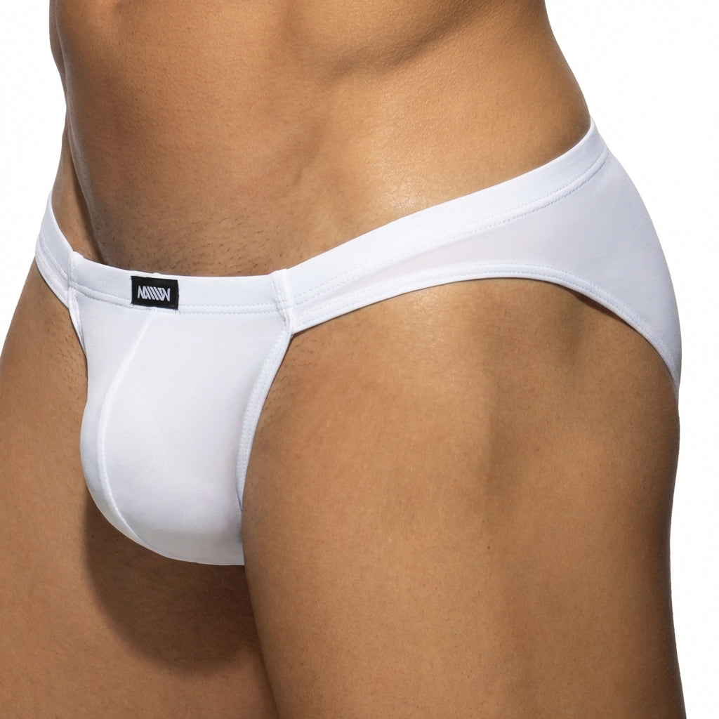 White mens briefs metroMalewear darcian bikini with sleek form-fitting design and subtle brand tag on waistband