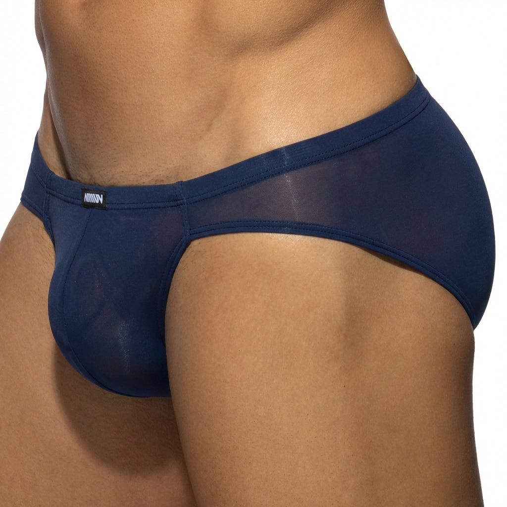 Navy blue sheer mesh briefs with solid waistband and brand logo tag metroMalewear Darcian bikini 1016-28