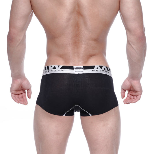 Black mens briefs with white metroman waistband made of textured modal fabric from metro male wear seamless trunk line