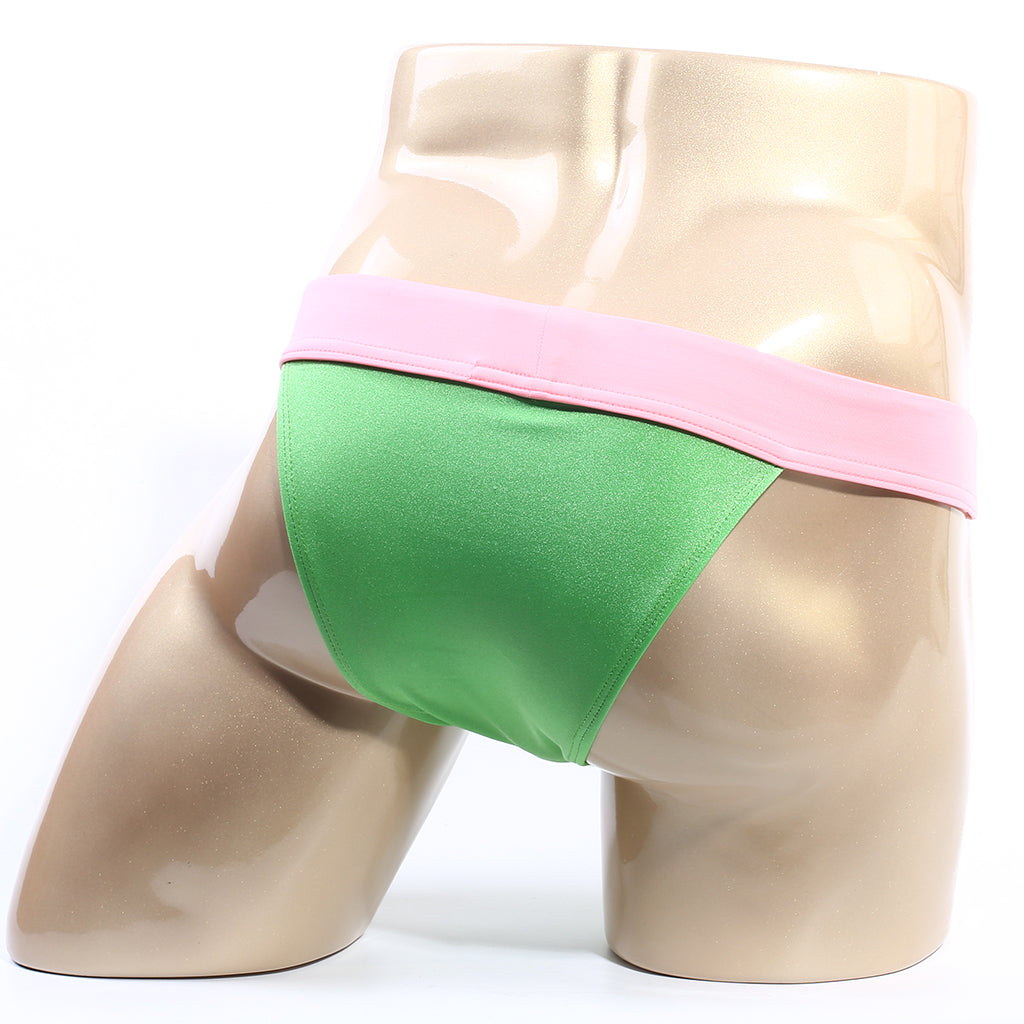 Metro male wear cosmos bikini green satin briefs with pink waistband designed for comfortable daily wear