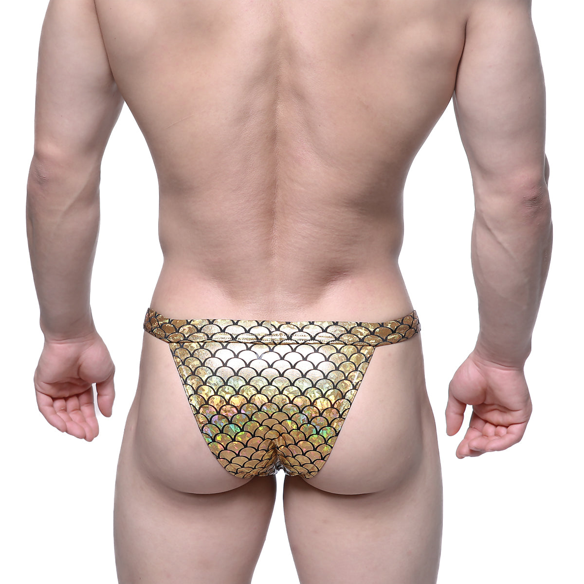 Metro malewear brazilian bikini thong in gold with holographic fish scale pattern made for stylish swimwear use