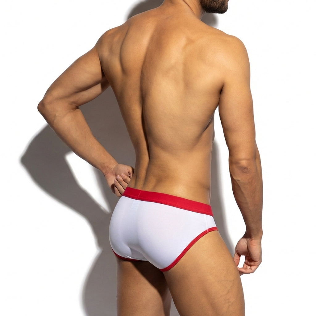 White briefs with a red waistband and trim metro malewear roxette brief red 1183-12