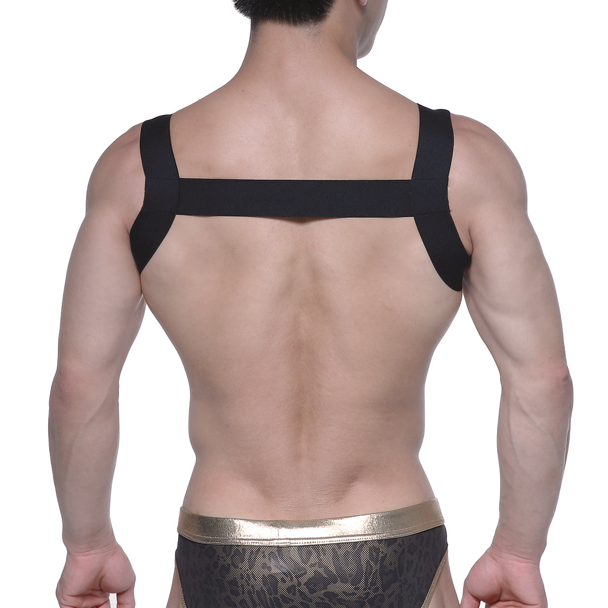 Back view of metro malewear logo harness black elastic strap harness with shoulder straps and central band