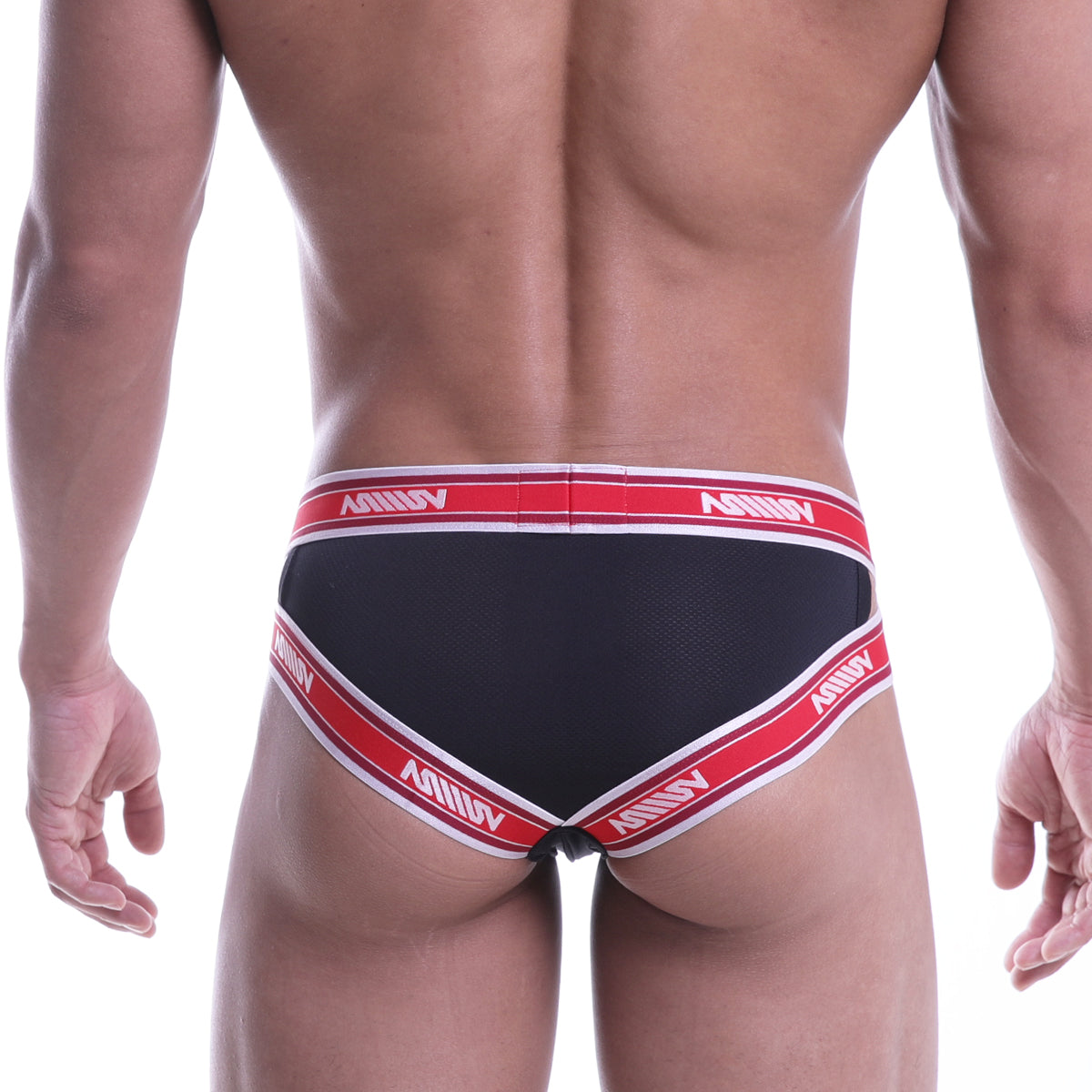 Black and red MetroMaleWear power mesh hip brief with white trim and repeating milly logo in breathable athletic fabric