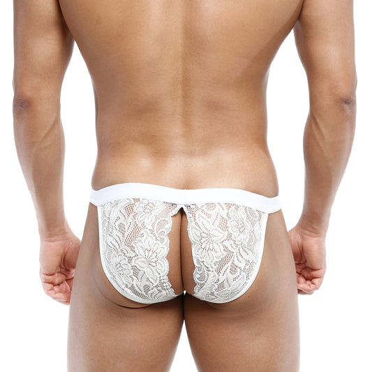 White lace thong with floral pattern and solid white waistband metroMalewear peek-a-boo bikini ivory 1204-00