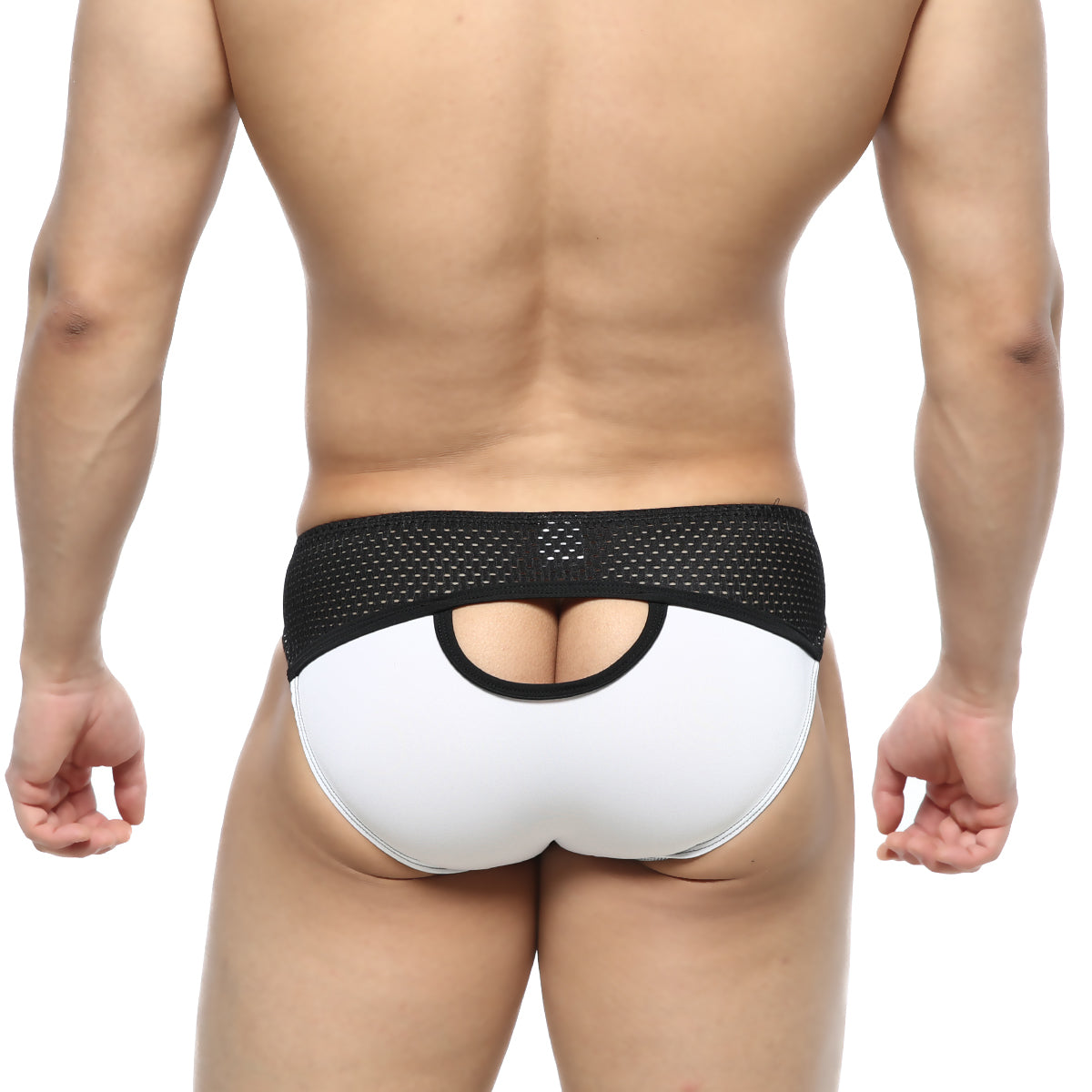White and black mesh-backed briefs with cutout design from metromalewear contento bikini contrast white 1205-01
