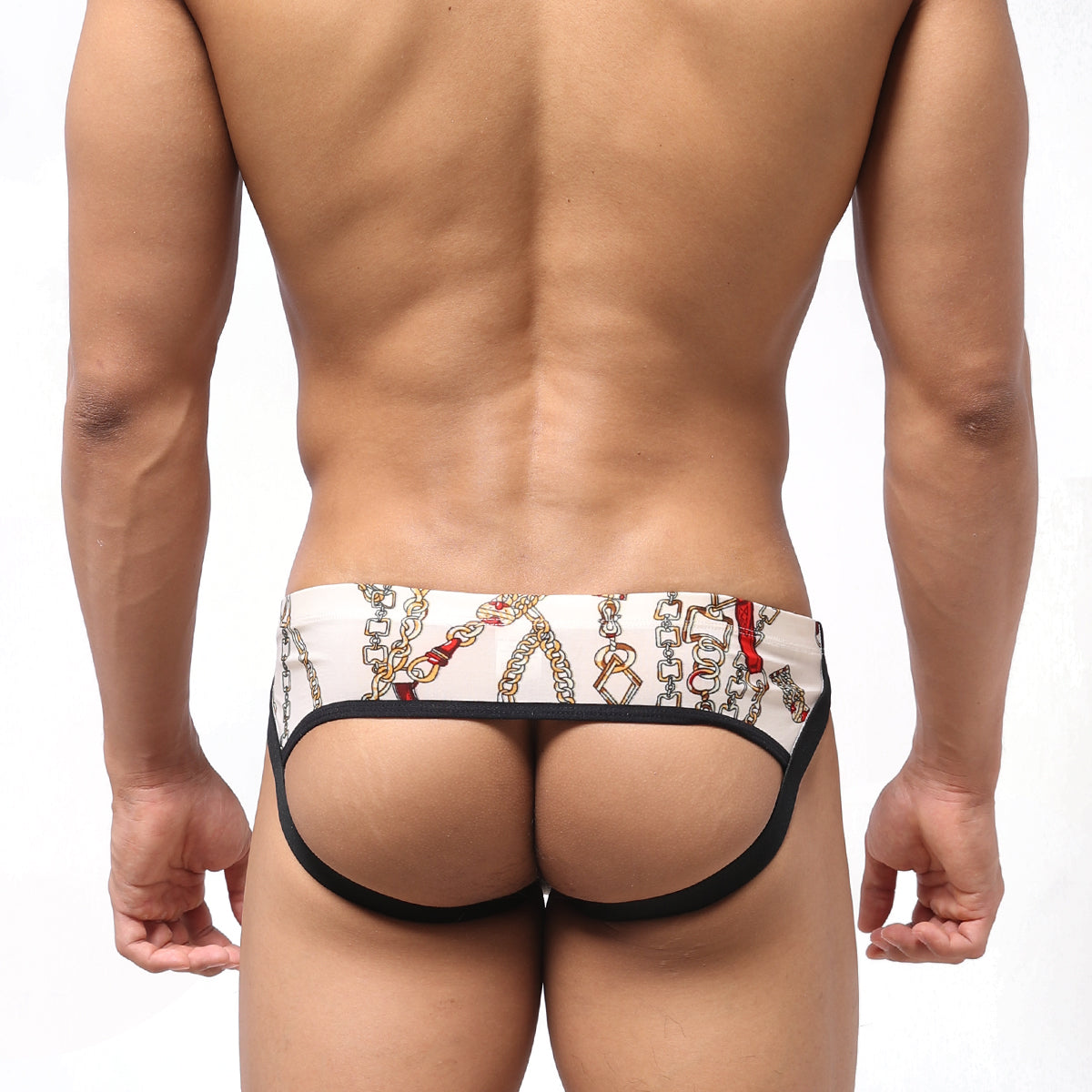 White briefs with chain and red accent pattern black trim from MetroMaleWear despejado jock strap lujos 1301-31