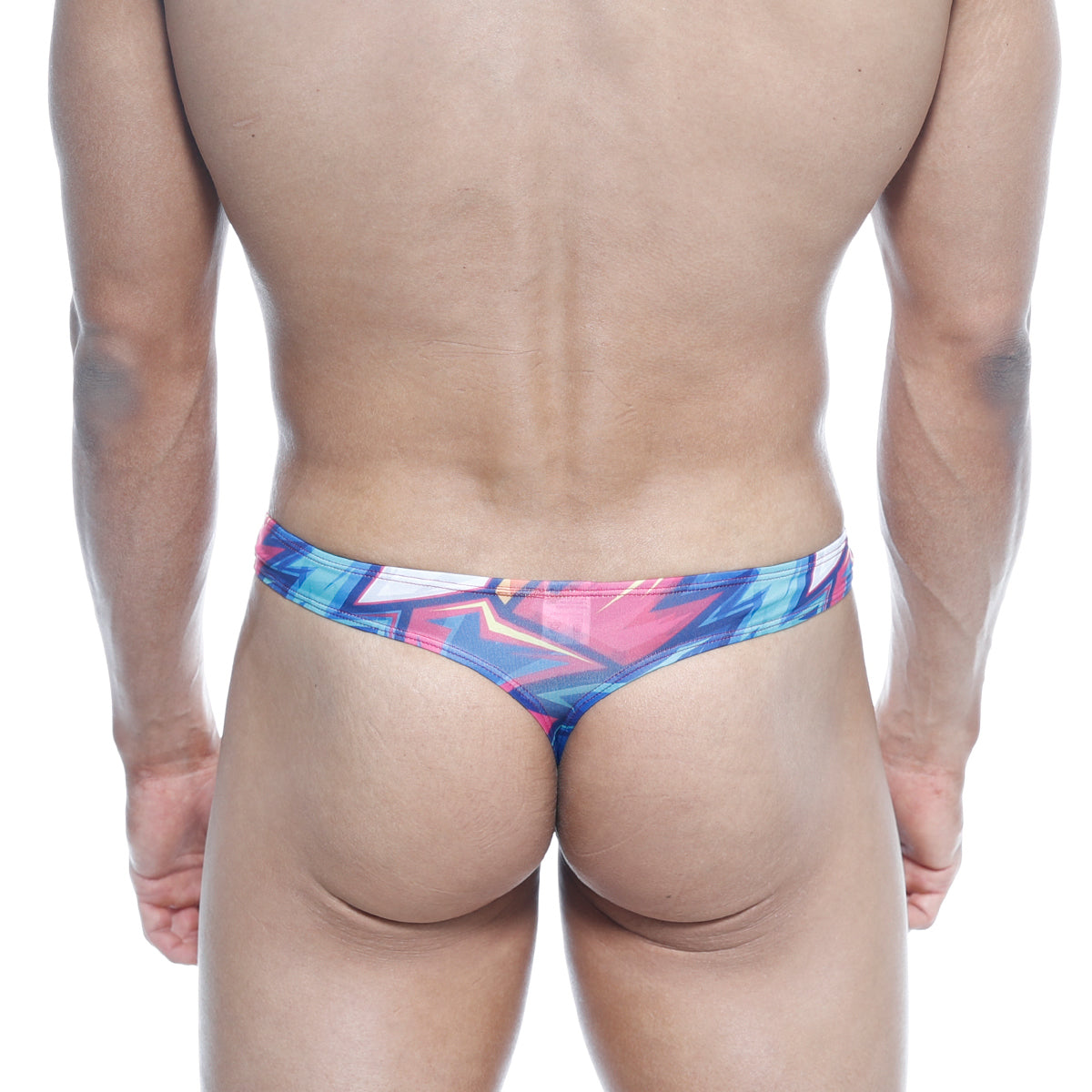 Vibrant graffiti-style printed MetroMaleWear Eureka thong in bold blue pink and white hues