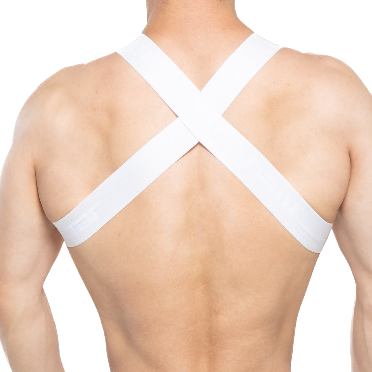 White cross-back support strap of metromalewear brutal harness white 1400-00 shown from the back side