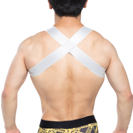 Metro malewear steel harness 1400-10 with white cross-back support strap shown from the back side