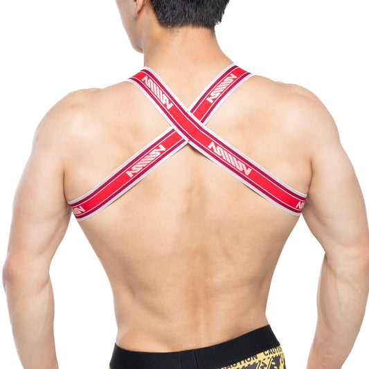 Red and white striped cross-back athletic supporter with bold million branding from metromalewear brutal harness red 1400-12