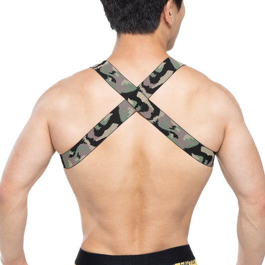 Back view of metromalewear military harness 1400-60 with camouflage elastic straps designed for secure fit
