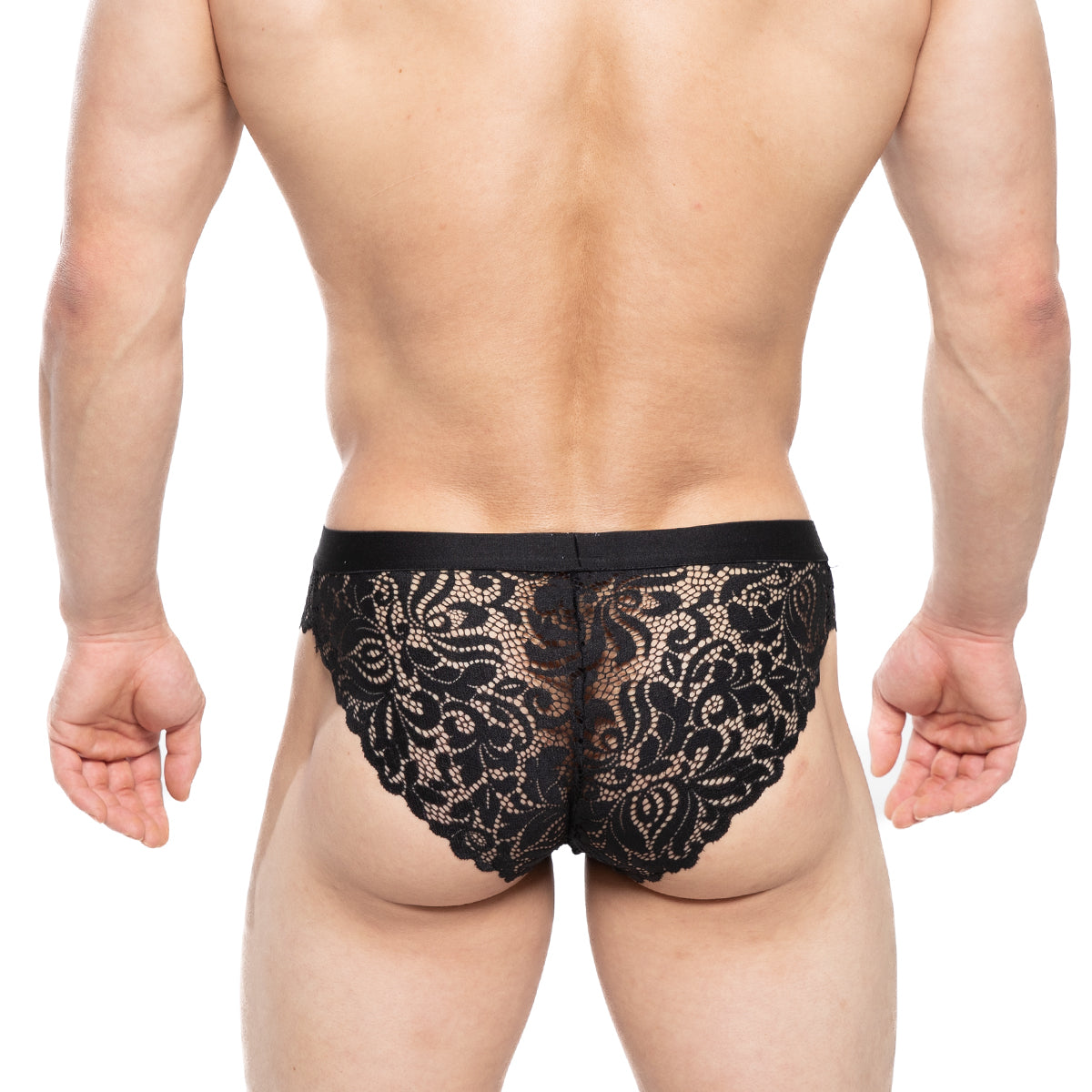 MetroMaleWear Todd Brief black lace underwear with intricate floral patterns and solid black waistband