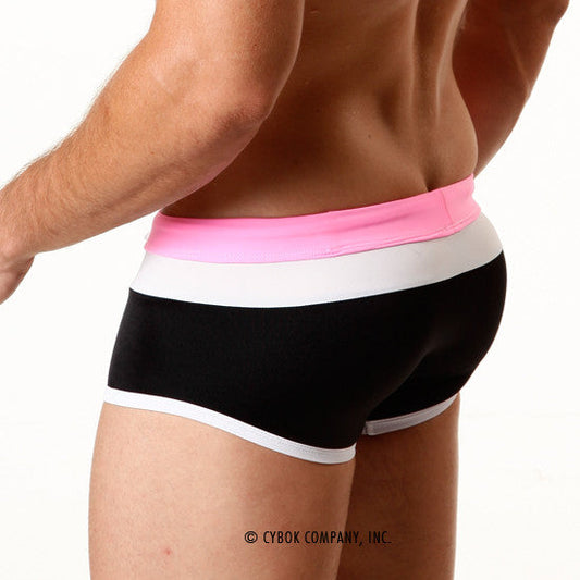 Black MetroMaleWear trio swim trunk briefs with bold pink and white striped waistband for stylish swimming use