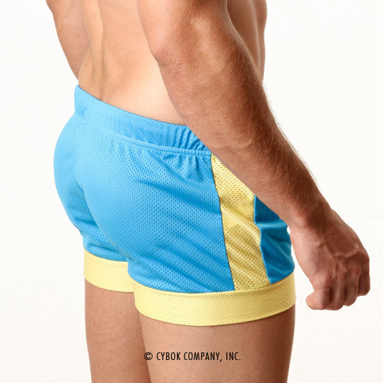 MetroMaleWear soccer swim short sky 4704-08 features blue and yellow mesh with bold color-block design