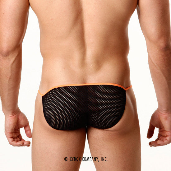 Black mesh briefs with orange trim sheer fun bikini style by metromalewear model 5004-14