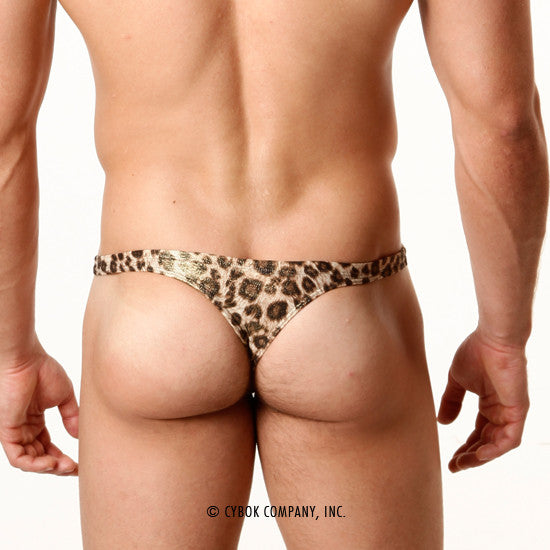 Metromalewear metallic leopard gold thong with shiny textured fabric finish visible from the back side