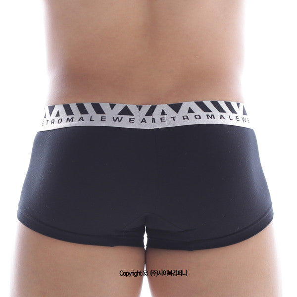 Black metro male wear cotton briefs with white elastic waistband and etromalewe logo and diagonal stripe pattern