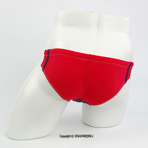 MetroMaleWear California swim bikini red with navy blue trim and stitching designed for comfortable beachwear