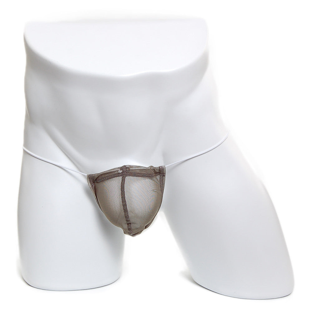 Taupe microfiber mesh thong with reinforced darker brown trim along edges and waistband metroMaleWear G khaki 2015-48