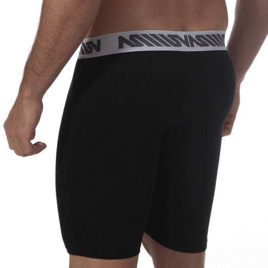 Black mens athletic briefs with gray elastic waistband and bold black logo metroMalewear Uphole Long Boxer black 3031-20