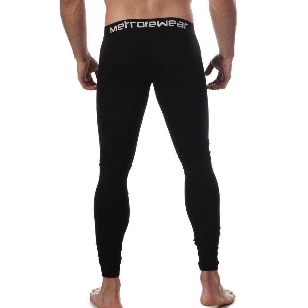 Black metrowear cotton leggings with snug fit and white logo waistband from metro malewear perfect scene line