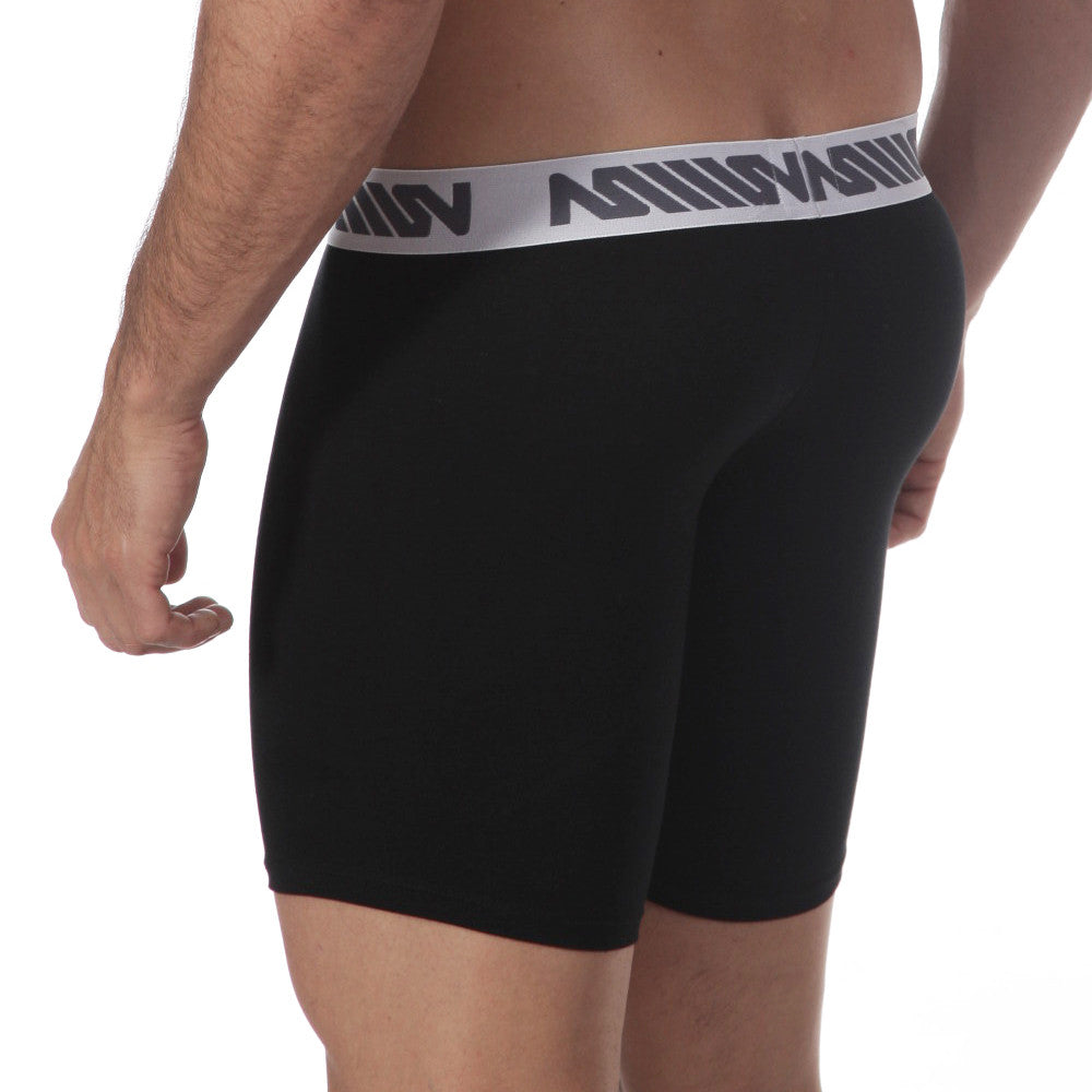 Metro malewear core midcut boxer black 8023-20 black men’s boxer briefs with gray waistband and black logo pattern