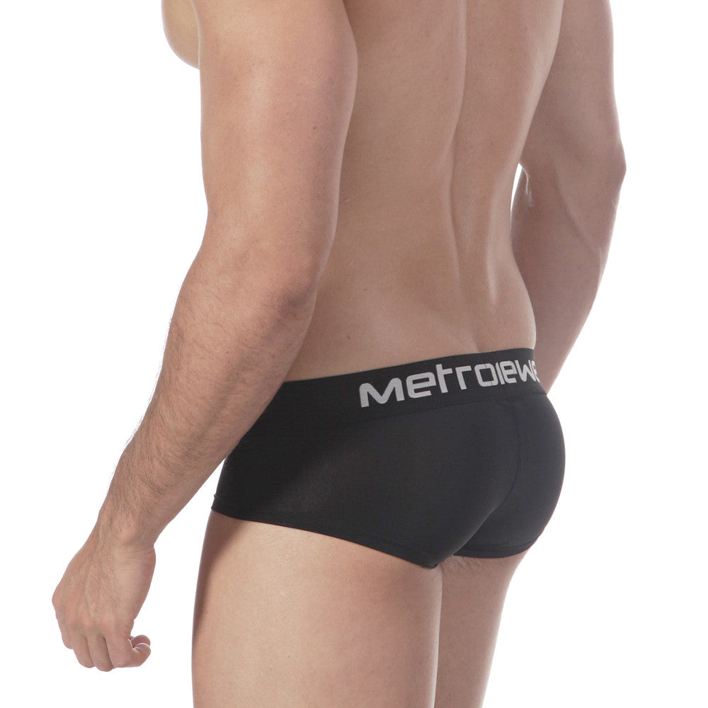 Black metroeuro men’s briefs with a white logo waistband from MetroMaleWear Mini Cheek Boxer 2025-20 collection