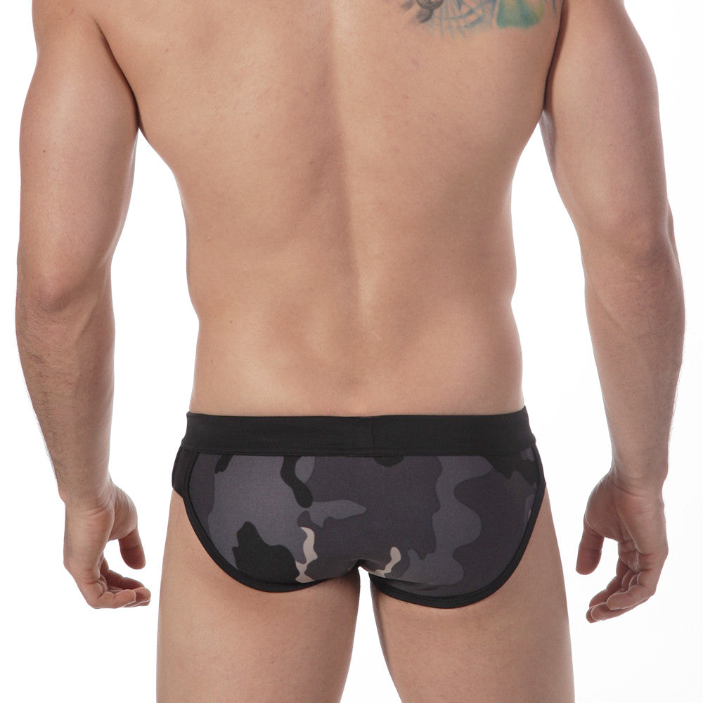 MetroMaleWear grey camo split swim brief 4923-81 featuring black and gray camouflage swim trunks with a black waistband