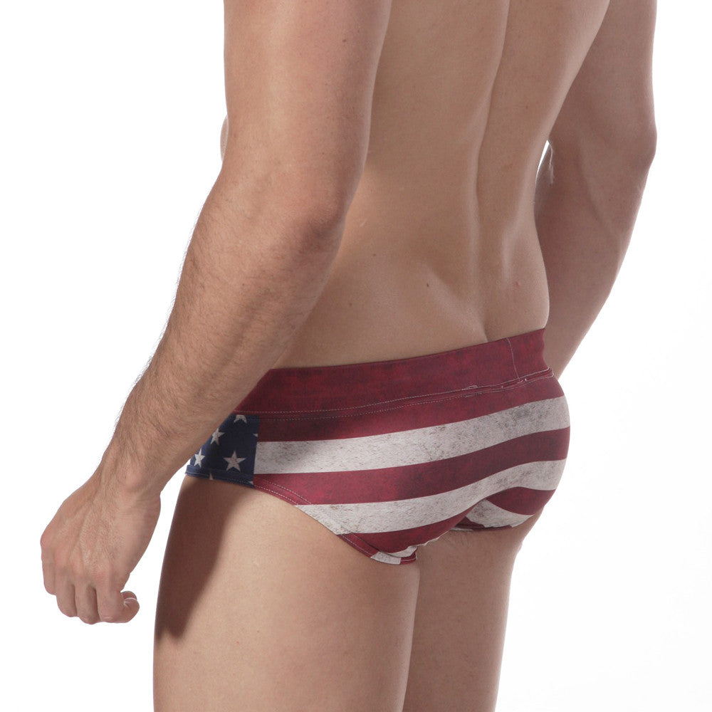 MetroMaleWear patriot swim brief 4916-90 american flag themed distressed vintage red white and blue swim trunks