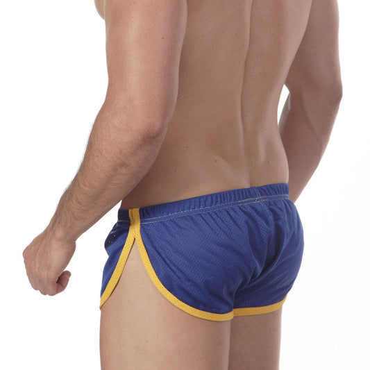Blue metroMalewear soccer split shorts with yellow trim and breathable mesh fabric for athletic use