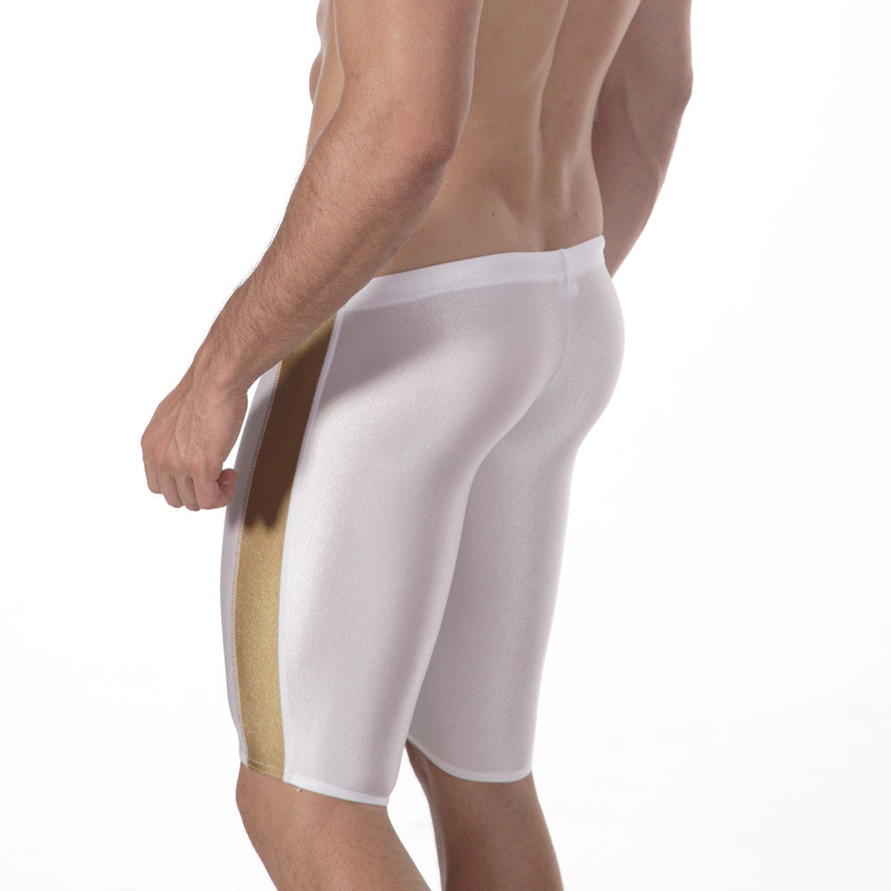 White athletic MetroMaleWear Jammer swim boxer shorts with gold vertical stripe down the side for performance use