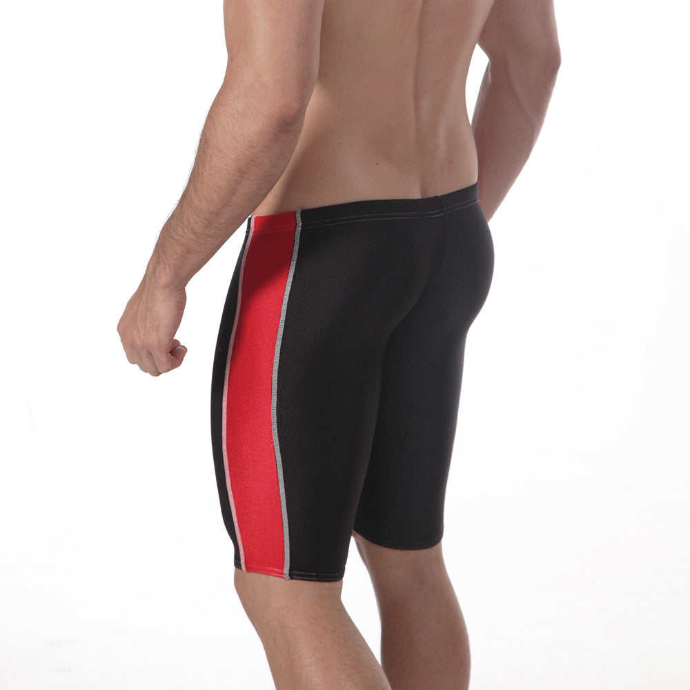MetroMaleWear Jammer swim boxer black with bold red vertical stripe and silver trim along the side