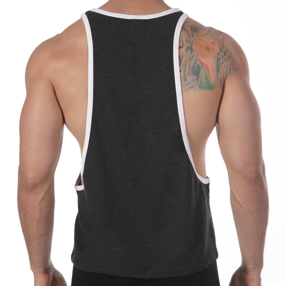 MetroMaleWear gym tank top charcoal 3128-11 black muscle tank with white trim and cutout sides for workouts